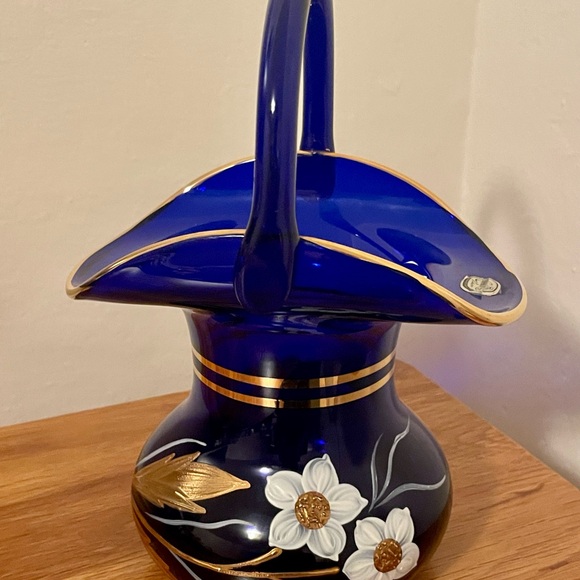 Bohemia Crystal Other - Luxurious Bohemia Crystal Cobalt Blue and Gold Floral Vase